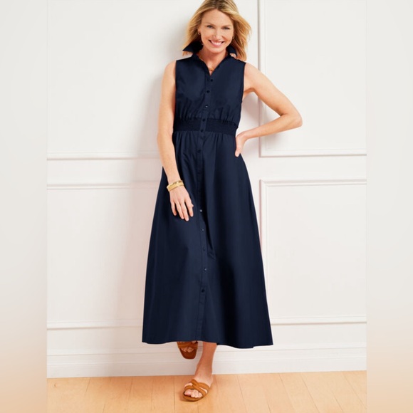 Talbots Dresses & Skirts - TALBOTS Modern Poplin Smocked Navy Blue Midi Button Up Collared Dress Plus 22W